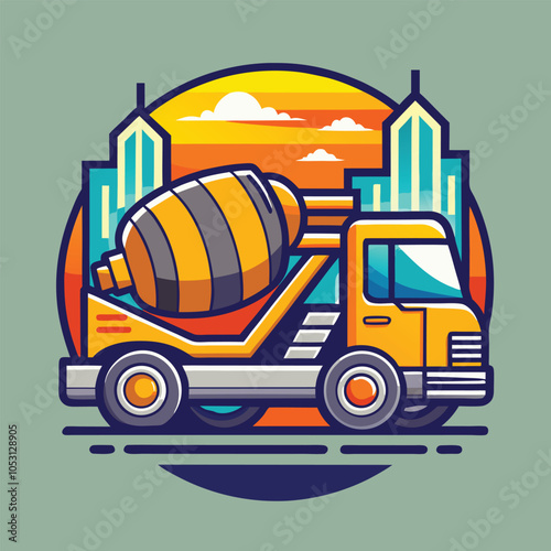 A yellow cement mixer truck drives by a city skyline during sunset. 