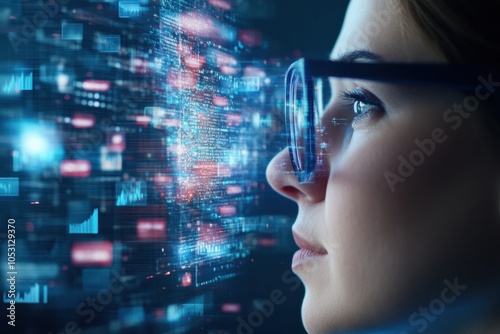 A focused woman in glasses analyzes digital data with futuristic graphics, symbolizing technology and insightful innovation.