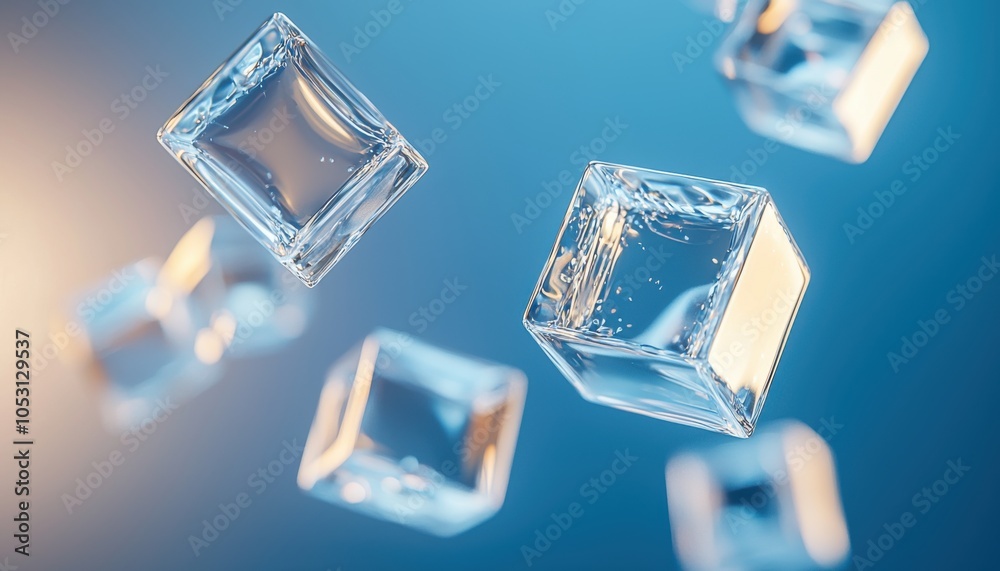 Fototapeta premium A visually appealing arrangement of transparent ice cubes floating against a soft blue background, suggesting coolness and refreshment.