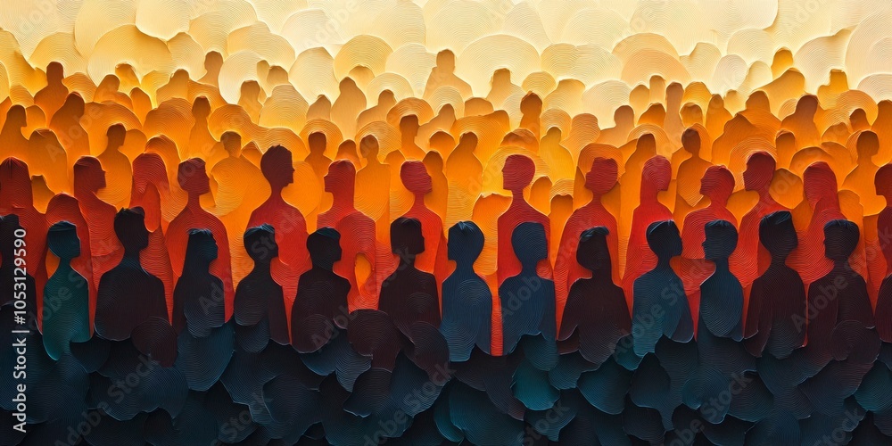 Obraz premium Diverse Crowd Silhouette, intricate paper cutout depicting unity and diversity among individuals in a dynamic gathering setting