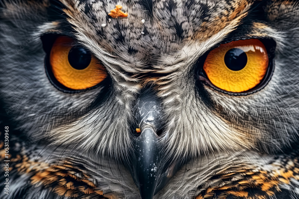 The owl's eyes are yellow and it has a fierce look on its face. The owl's eyes are yellow and it has a fierce look on its face.