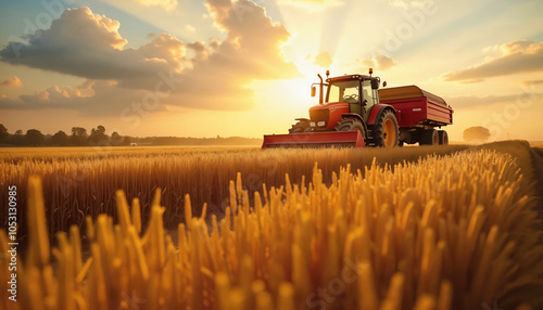 Tractor Harvesting at Sunset in a Golden Field