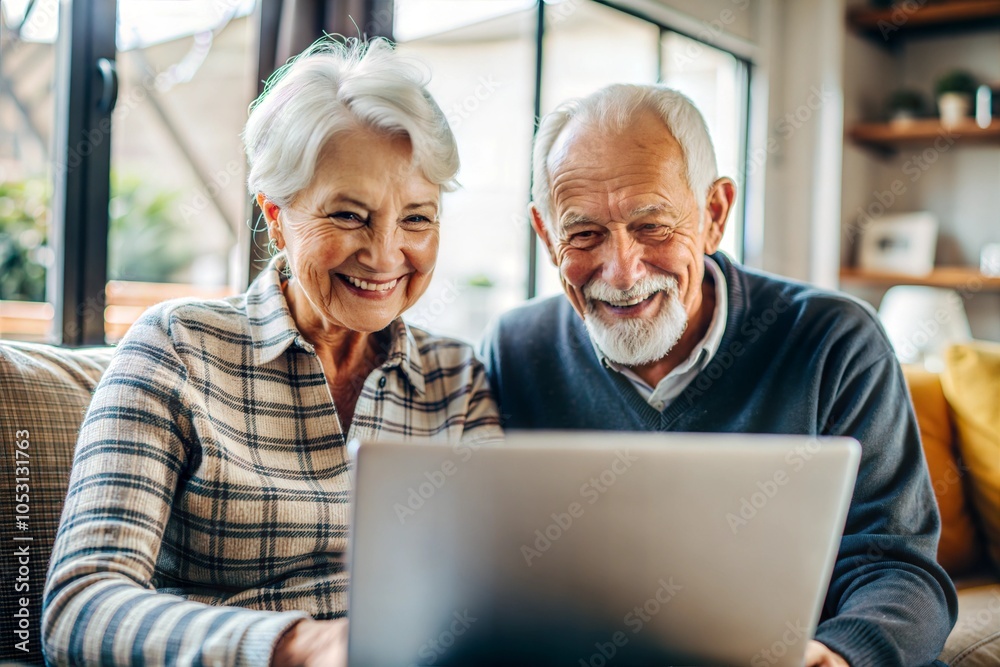 Happy Senior Couple Smiling Together While Using a Laptop at Home Happy Senior Couple Smiling Together While Using a Laptop at Home