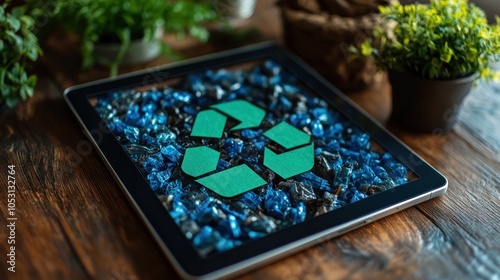 Digital recycling symbol on a bed of blue stones and plants.