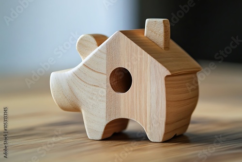 Wooden Piggy Bank Shaped Like a House photo