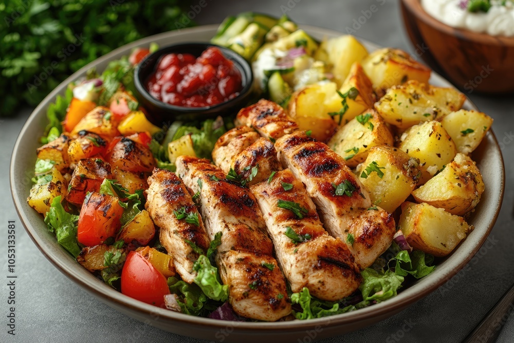 Grilled chicken salad with roasted potatoes and fresh vegetables Grilled chicken salad with roasted potatoes and fresh vegetables