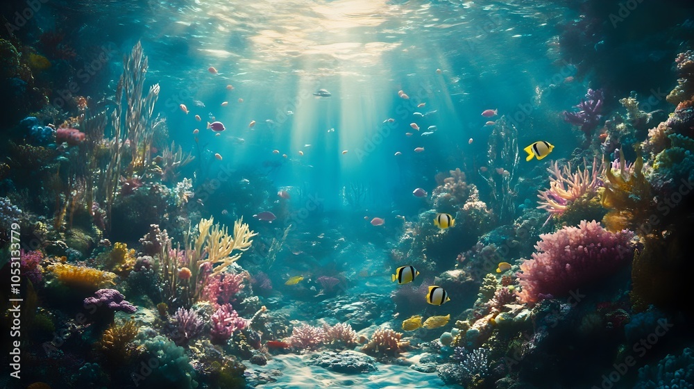 Naklejka premium Vibrant Underwater Seascape Teeming with Diverse Marine Life and Sunlight Filtered Turquoise Waters