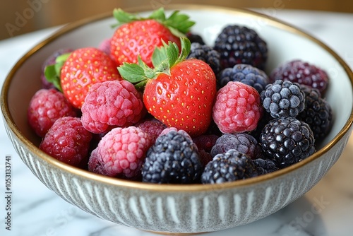 Frozen berries including strawberries, raspberries and blackberries in a bowl