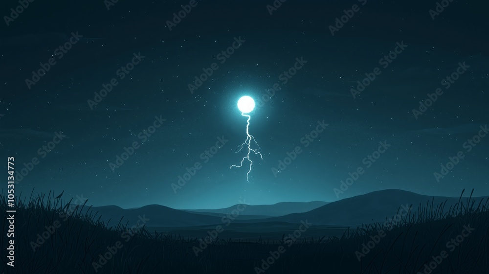 Isolated Lightning Bolt in Dark Sky Over Landscape Isolated Lightning Bolt in Dark Sky Over Landscape