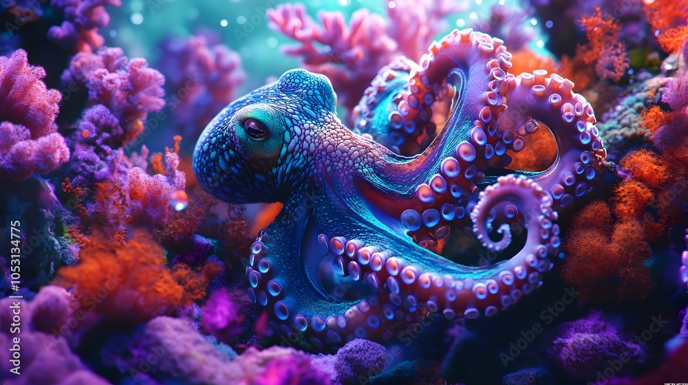 Mesmerizing Octopus Camouflaged in Vibrant Coral Reef Underwater Serenity Mesmerizing Octopus Camouflaged in Vibrant Coral Reef Underwater Serenity