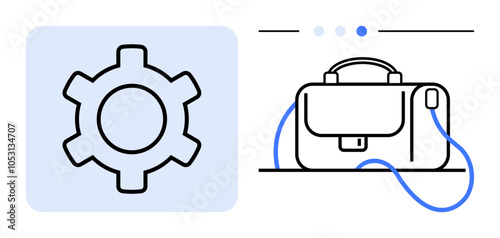 Gear symbol adjacent to a business briefcase with a cursor. Ideal for productivity, business planning, office essentials, workflows, process optimization, tech integration, organizational tools. Line
