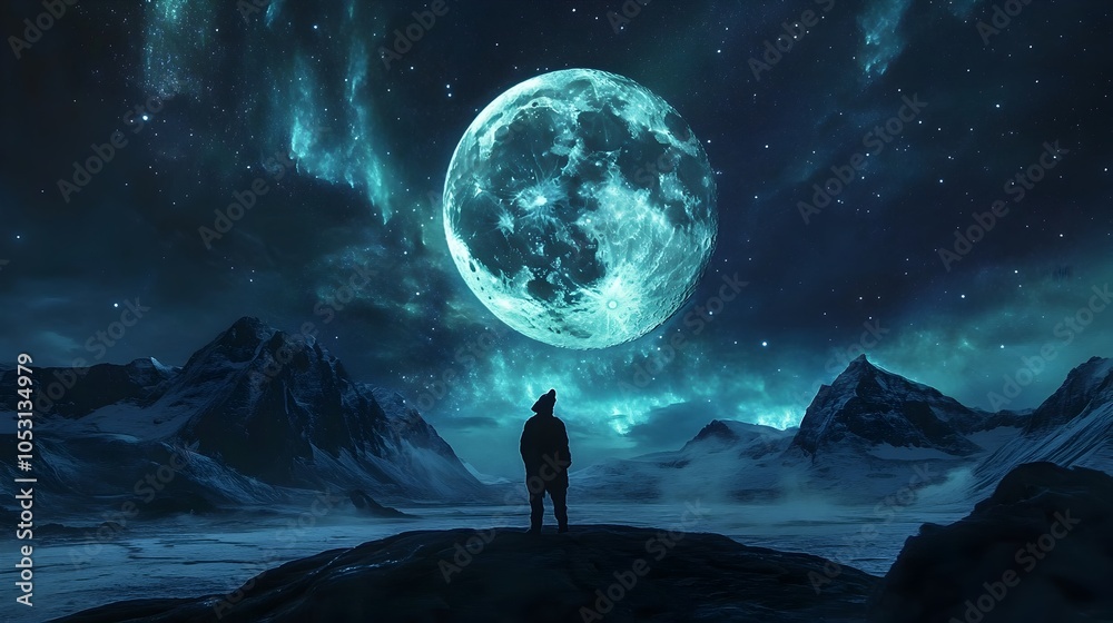 Mesmerizing Celestial Landscape with Lone Wolf Howling Under Luminous Full Moon Mesmerizing Celestial Landscape with Lone Wolf Howling Under Luminous Full Moon