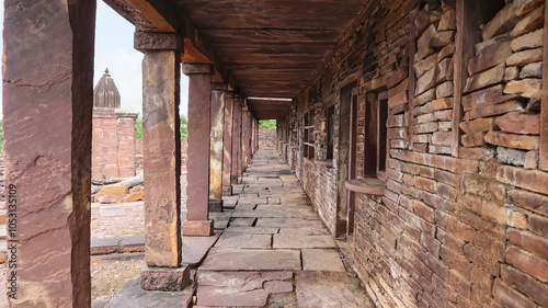 View of the passage leading to monks' quarters in Jain Garhi, located in Budhi Chanderi, Madhya Pradesh, India. photo