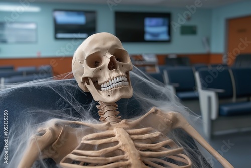 Skeleton in a hospital waiting room, surrounded by cobwebs. A humorous take on long waits, showing a spooky yet amusing scene. photo