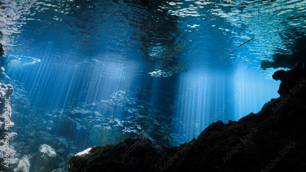 Fototapeta premium Underwater photo of a dreamlike and etheral environment. From cave scuba dive in rays of sunlight in Thailand.