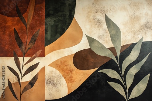 Composition abstraite végétale avec feuilles et blocs géométriques

