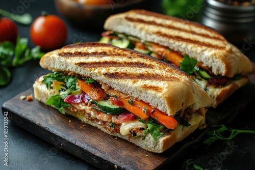 Delicious grilled sandwich presenting vegetables, cheese and grilled chicken on wooden cutting board