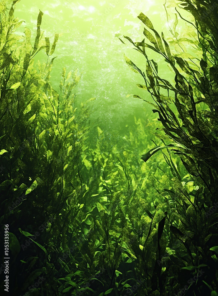 Obraz premium A vibrant green underwater scene with dense foliage of seaweed and algae