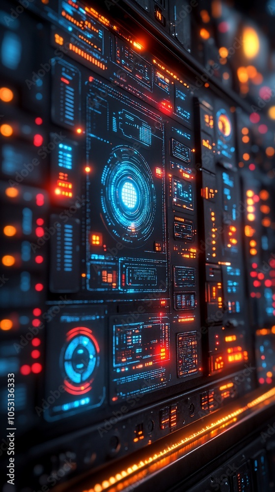 Obraz premium A futuristic control panel with glowing interfaces and data displays.