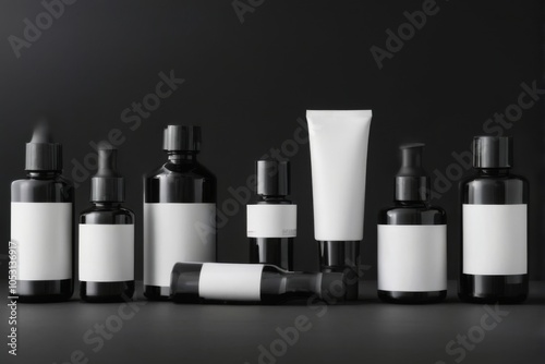 Collection of Six Tall Slender Glass Bottles with Black and White Labels, for Skincare and Beauty Products