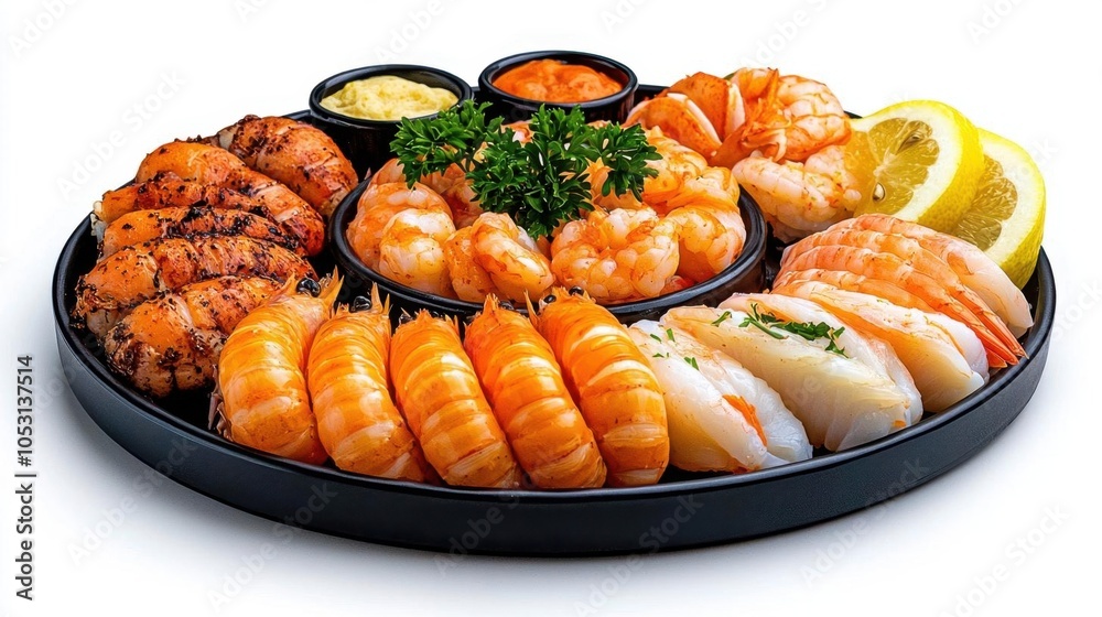 A photostock of a fresh seafood platter with various shellfish, lemon wedges, and parsley garnish. A photostock of a fresh seafood platter with various shellfish, lemon wedges, and parsley garnish.