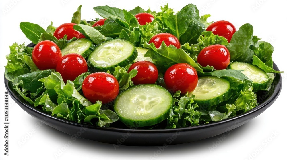 A photostock of a bowl of fresh salad with mixed greens, cucumber, and cherry tomatoes. A photostock of a bowl of fresh salad with mixed greens, cucumber, and cherry tomatoes.