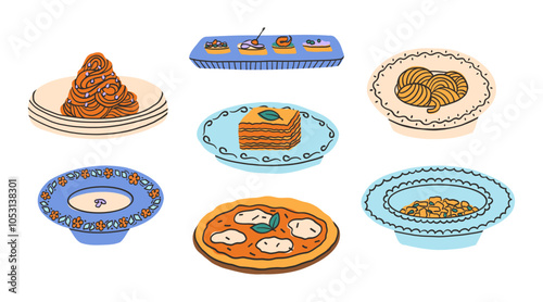 Set of Italian dishes. Pasta, lasagna, pizza with mozzarella, gnocchi. Colorful bright vector illustration in modern style