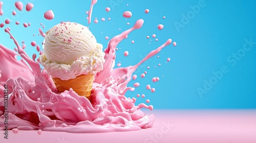 A photostock of a playful splash of colorful ice cream, representing summer treats. photo