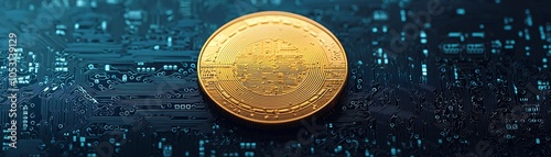 A close-up of a gold coin resting on a circuit board, symbolizing cryptocurrency and digital finance innovation. photo