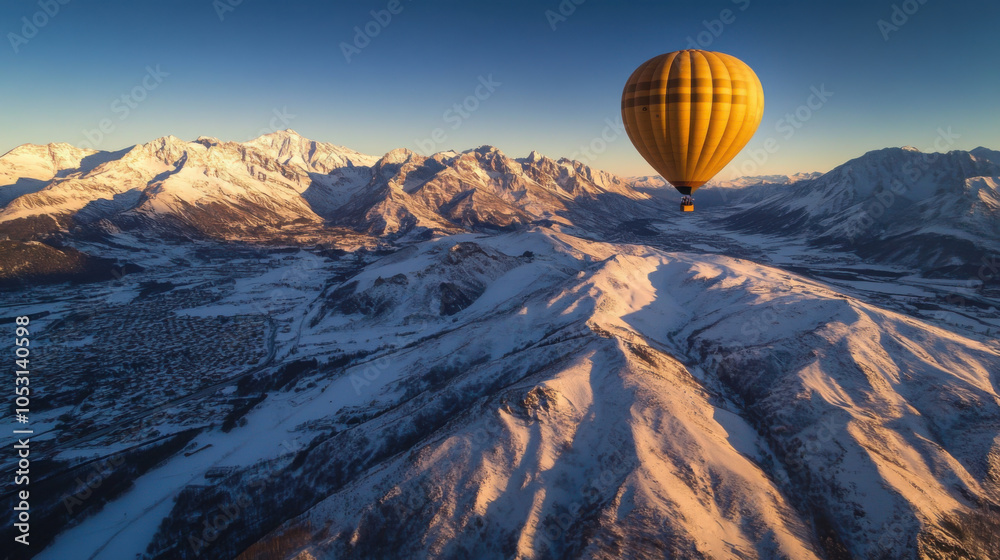 Fototapeta premium hot air balloon drifts gracefully above snowy mountains, illuminated by crisp morning light. breathtaking landscape showcases beauty of nature and adventure