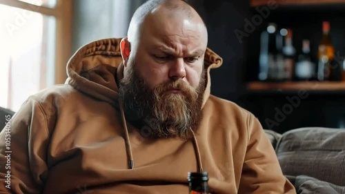 Bald man in a hoodie sits on a couch holding a bottle and a remote control. This image conceptualizes relaxation or scrupulous reflection. It is a lifestyle stock photo. Generative AI