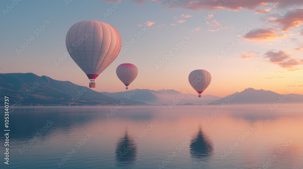 Fototapeta premium Balloons drifting in dawn sky over calm waters create serene and picturesque scene. soft colors of sunrise reflect beautifully on waters surface, enhancing tranquil atmosphere