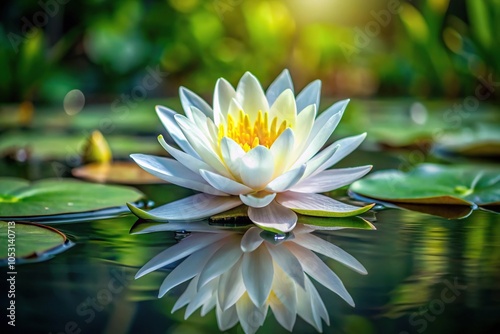 A delicate water lily with intricate white petals and a yellow center floating on a serene pond surface surrounded by lush greenery, plant, blossom, leaves, flower, greenery