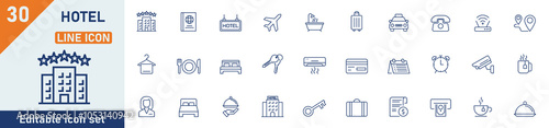Hotel line icon set. Set of 30 outline icons related to hotel, reception, taxi, booking, hostel, key card, check-in, passport, service and others. Editable stroke. Vector illustration.