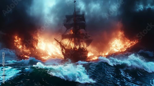 A pirate ship sails through stormy seas engulfed in flames, generative ai