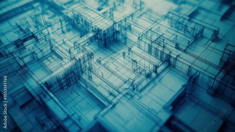 Obraz premium 3D building model in blueprint effect, structural details in focus