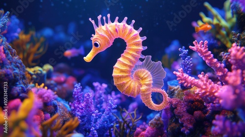 A cute cartoon seahorse swimming among colorful coral reefs in a vibrant blue ocean.