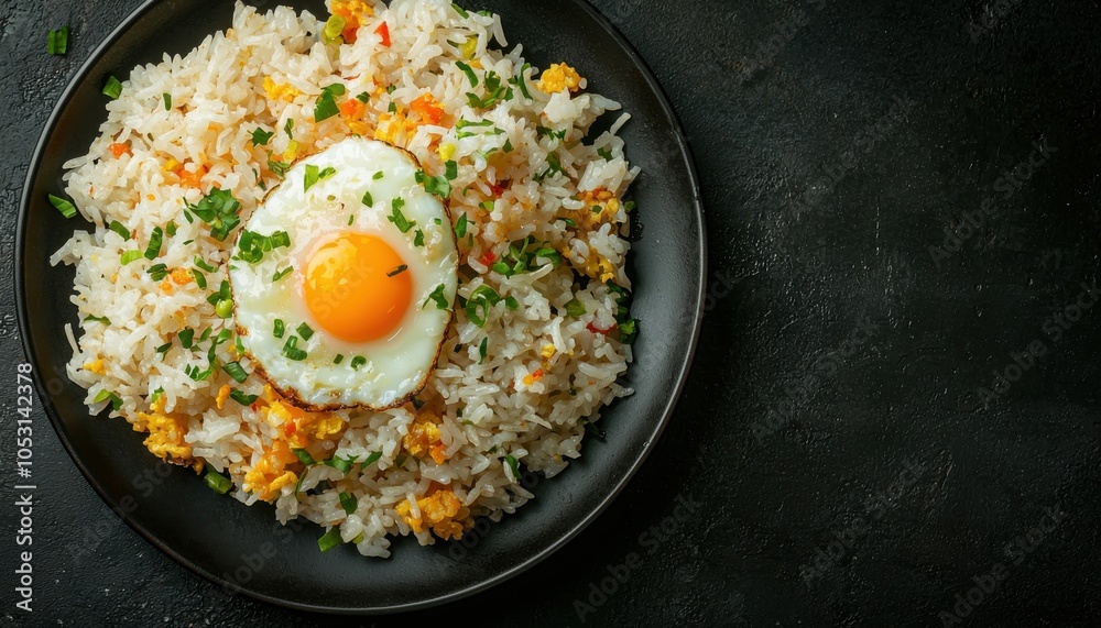 A plate of fried rice topped with a sunny-side-up egg and chopped herbs, presenting a delicious meal. A plate of fried rice topped with a sunny-side-up egg and chopped herbs, presenting a delicious meal.