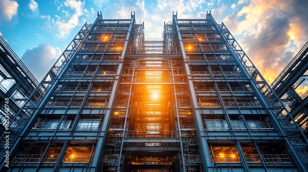 Fototapeta premium Modern industrial building with striking lighting and structure.