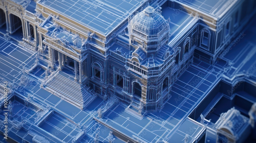Obraz premium 3D model in blueprint effect, highlighting construction details