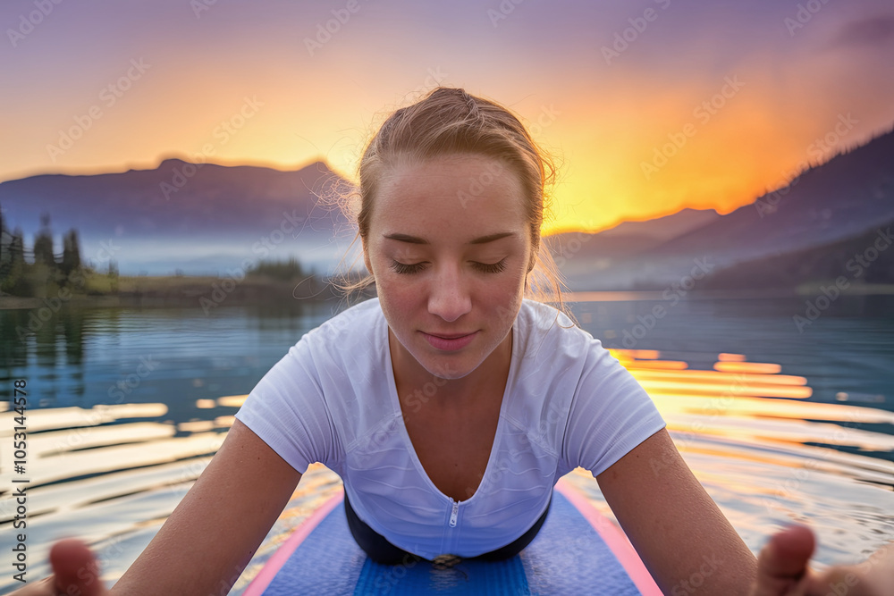 Fototapeta premium Young woman doing yoga on a SUP board at sunrise, fitness lifestyle