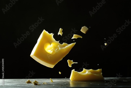 A Chunk of Swiss Cheese Falling Apart in Mid-Air photo