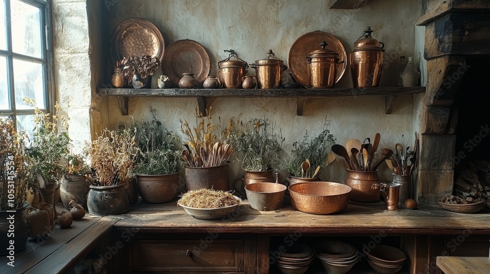 Fototapeta premium Colonial kitchen with herb drying copper pots hearth cooking