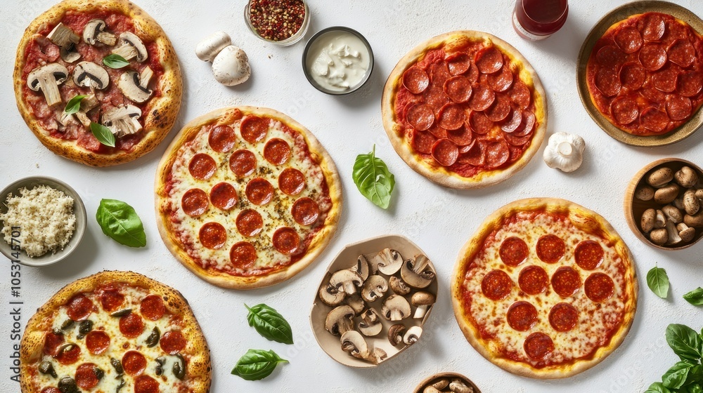 Assorted Pepperoni Pizzas with Mushrooms and Basil Assorted Pepperoni Pizzas with Mushrooms and Basil