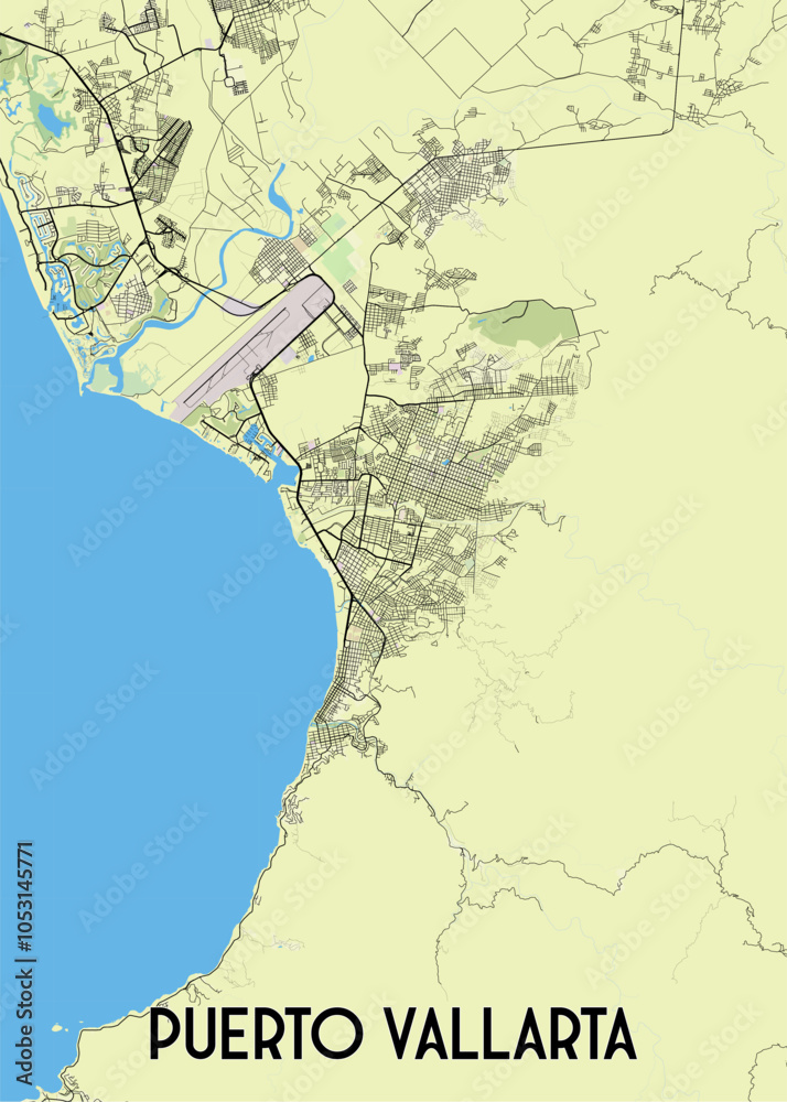 Obraz premium This detailed map showcases the city of Puerto Vallarta, Mexico, with a focus on its urban layout and infrastructure. The map features a light green background with black lines