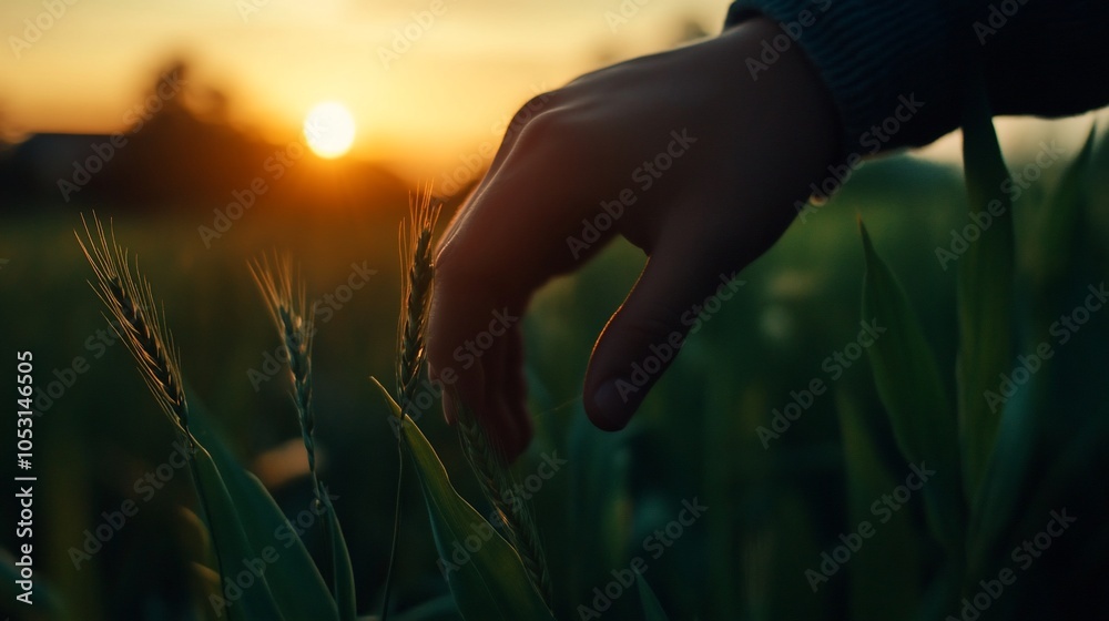 Fototapeta premium A hand reaches out to touch wheat stalks in a field as the sun sets in the background.