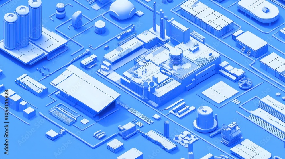 Fototapeta premium Blueprint-style 3D mapping, isometric view for technical clarity