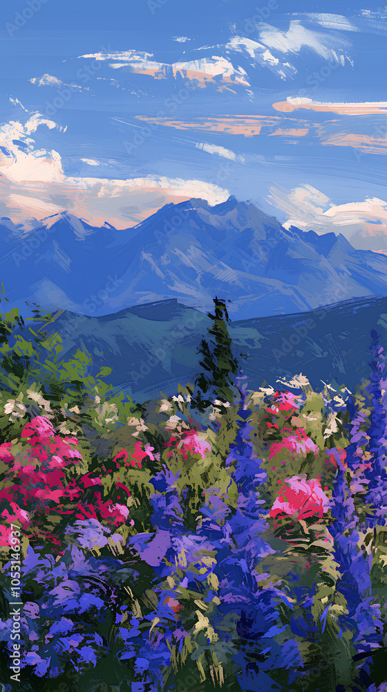 Obraz premium Illustrate distant blue mountains with vibrant purple and pink flowers in the foreground