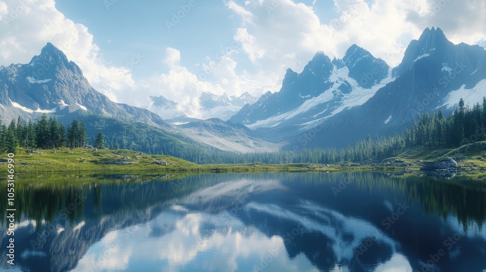 Fototapeta premium Mountain Lake Reflection with Clouds