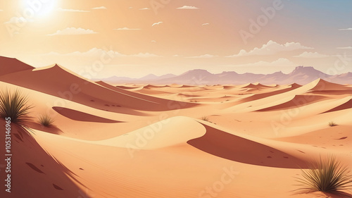 Hot Desert with Sand Dunes and Scorching Sun